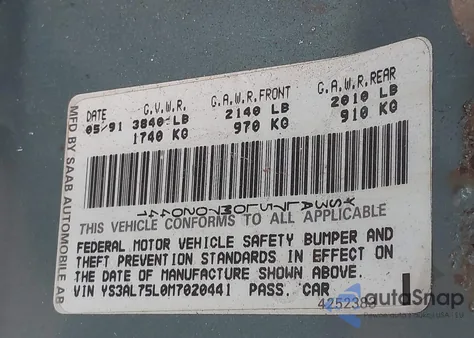 1991 Saab 900 Se из США, поврежденный, VIN YS3AL75L0M7020441